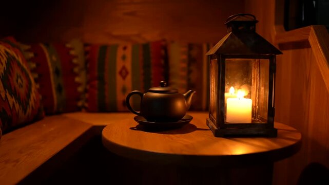 An inviting scene featuring a charming teapot and a flickering lantern, casting a warm amber candlelight glow across the cozy home decor in this tranquil, intimate setting.
