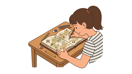 Creative Young Woman Illustrating Fantasy Map in Book at Desk