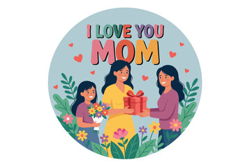 Obraz premium A heartwarming illustration of a mother and her two daughters exchanging gifts and flowers on a special day