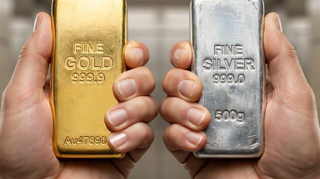Close up of hands holding gold and silver bars.