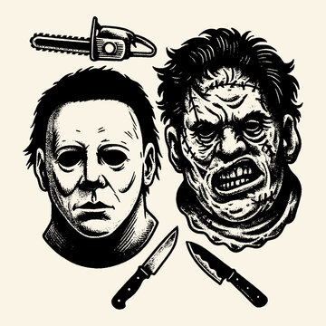 Iconic Horror Movie Villains Michael Myers and Leatherface with Knives and Chainsaw, Vintage Halloween Themed Illustration Set