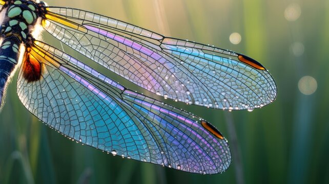 Macro closeup of iridescent dragonfly wings with morning dew drops in soft green bokeh nature background for tranquil design