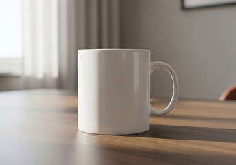 Obraz premium White ceramic coffee mug on wooden table indoors