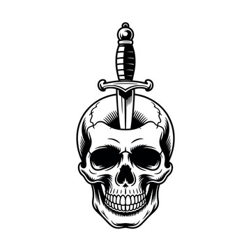 A black and white illustration of a skull with a dagger through it on a plain background