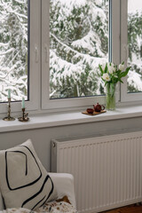 Fototapeta premium Winter view from a cozy room with a window overlooking snow-covered trees