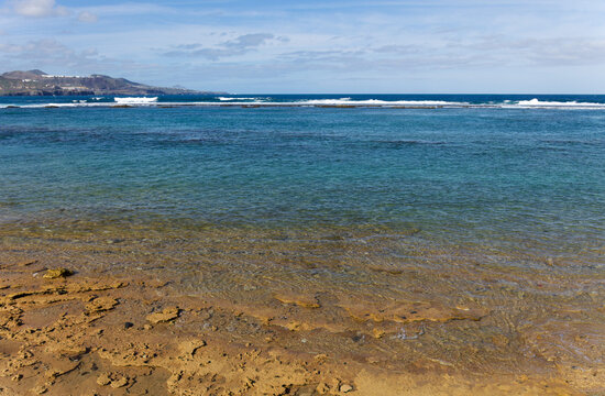 Las Canteras beach, main town beach in Las Palmas de Gran Canaria, winter storms and seasonal currents removed some of the sand from the Cicer, Pena de la Vieja and Playa Chica parts of the beach