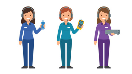 Obraz premium Female Tech Professionals with Headsets and Devices: IT Support, Network Engineering & Data Management Illustration