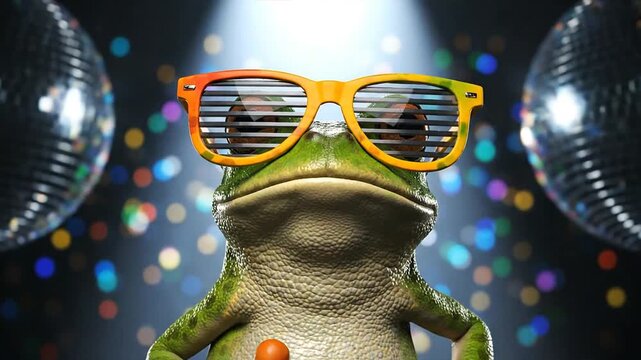 An animated frog wearing sunglasses performs a lively dance under disco balls on a vibrant stage