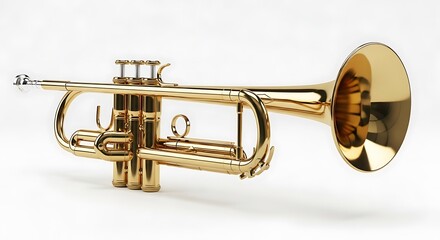 Obraz premium Gleaming golden brass instrument. Details of valves and bell visible against a white backdrop