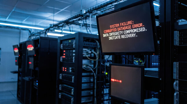 Data Center Server Racks and Monitor Display Showing Error