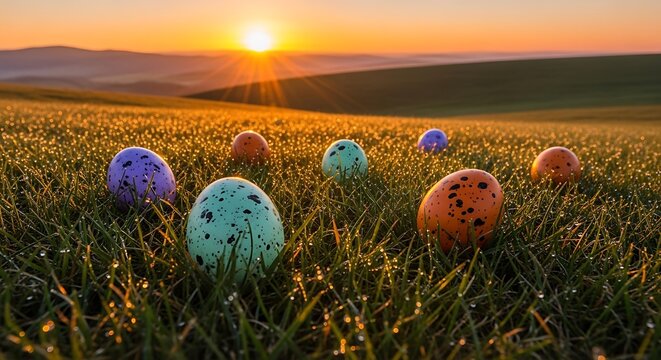 Colorful easter eggs in green grass at sunset, vibrant spring celebration