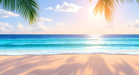 Obraz premium tropical, beach, sea, ocean, shore, coastline, sand, sandy, island, paradise, summer, vacation, holiday, travel, tourism, seaside, palm, palms, coconut, trees, sky, blue, turquoise, water, waves, suns