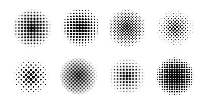 Set of dotted circles with halftone gradient effect. Round shapes with polka dot print isolated on white background. Circular design elements with grain or pixel texture. Vector graphic illustration.