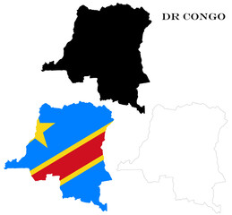 Fototapeta premium DR Congo Country Maps Bundle with National Flag, Black Silhouette and Detailed Outline Contours