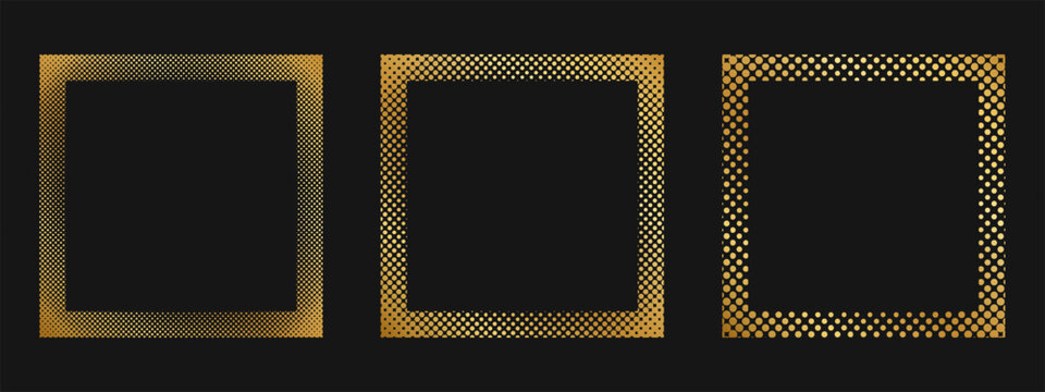 Set of golden square frames with dotted borders. Gold quadrangular shapes with mosaic, confetti or gritty texture isolated on black background. Luxury modern design elements. Vector illustration.