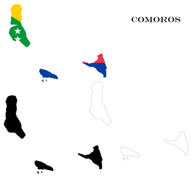 Comoros Country Maps Bundle with National Flag, Black Silhouette and Detailed Outline Contours