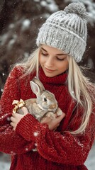 Young Woman Holding Rabbit in Snow