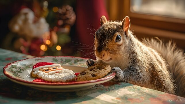Squirrel reaches for Christmas cookies on festive plate