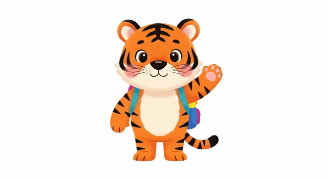 Cute cartoon tiger cub waving hello with a backpack.