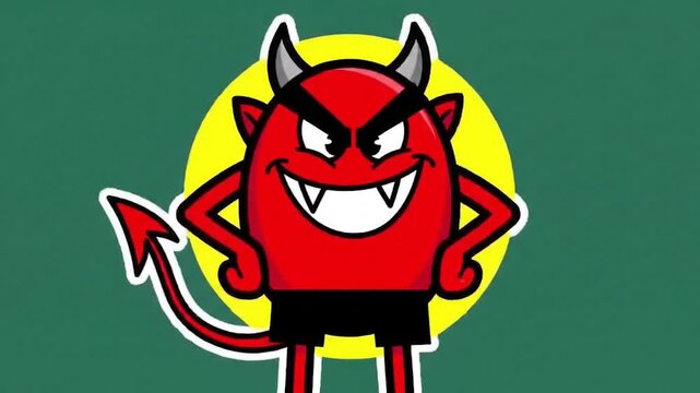 Red Devil Cartoon with Horns and Tail Playful Animation. Oval Devil Character with Mischievous Grin. Confident Cartoon Devil on Yellow Circle.