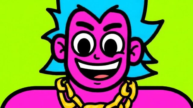 Pink and Blue Cartoon Character Animation. Bold Animated Spiky Hair Character Video. Edgy Cartoon Figure with Chain Motion.