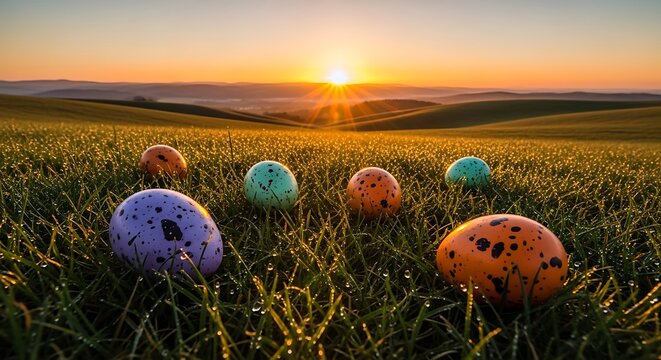 Vibrant mushrooms in field at sunset with rolling hills and clouds in the sky