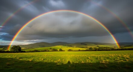 Fototapeta premium Majestic double rainbow arches over vibrant green fields, hills, and a dramatic sky