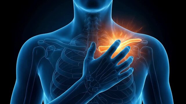 Medical CG video of a 3D skeleton and muscle model that expresses discomfort and pain around the collarbone