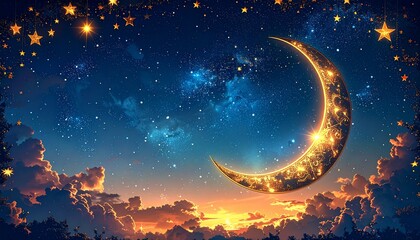 Crescent moon shines brightly among stars