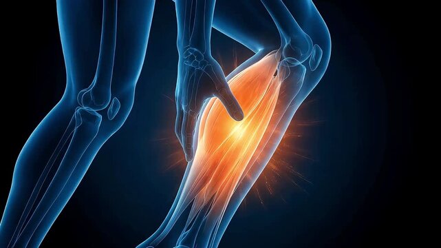 Anatomical model holding a calf, showing symptoms of leg cramps and pulled muscles