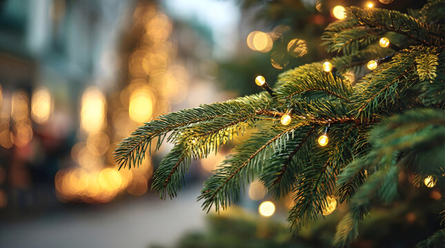 Evergreen tree branches decorated with warm yellow string lights creating a festive holiday atmosphere and sof