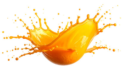 Vibrant orange juice splash frozen in time with droplets against isolated background