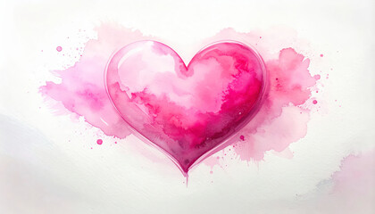 Delicate pink watercolor heart with soft paint splatters on a white background
