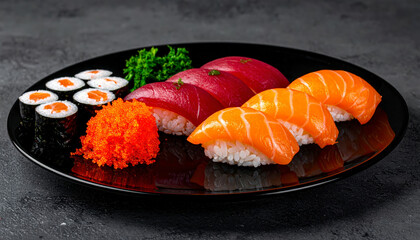 Assortment of fresh sushi and maki rolls with salmon, tuna, and tobiko on a black plate