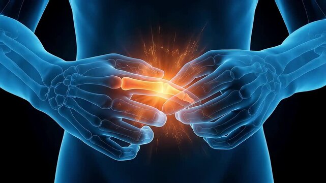 3D medical animation visualizing severe pain and inflammation in the fingers. Images of jammed fingers and arthritis.