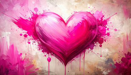 Vibrant pink heart with abstract paint splatters and brushstrokes, symbolizing love