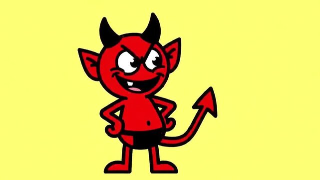 Playful Red Devil Cartoon Character Animation Video. Cheeky Animated Devil Character with Horns Cartoon. Mischievous Small Devil Cartoon on Yellow Background.