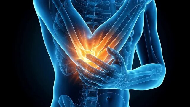 Anatomical model of an elbow holding the patient, showing the symptoms of tennis elbow and golfer's elbow