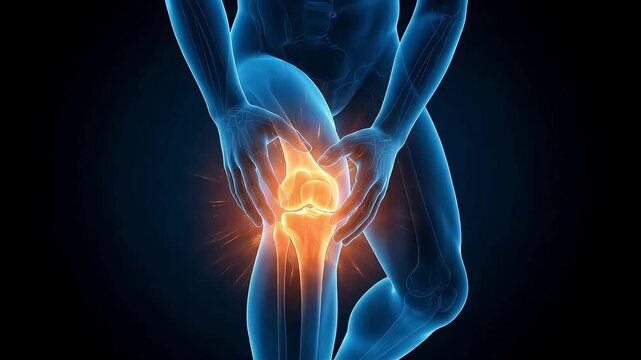 3D medical animation of a knee being held with severe knee pain and joint inflammation