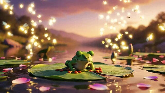 Animated frog jumping excitedly above lily pads surrounded by fireflies