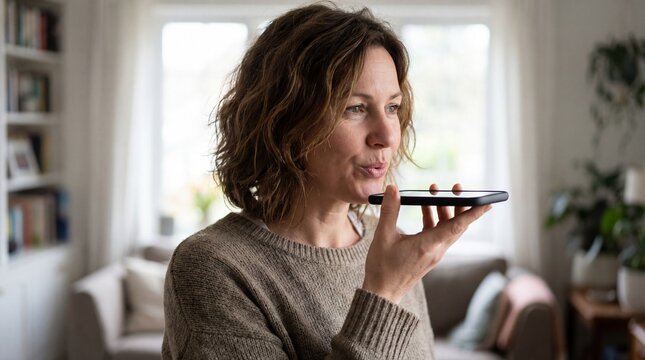 Woman speaking to smartphone using voice assistant at home, dictation and hands free communication, modern digital lifestyle, casual portrait in bright living room interior