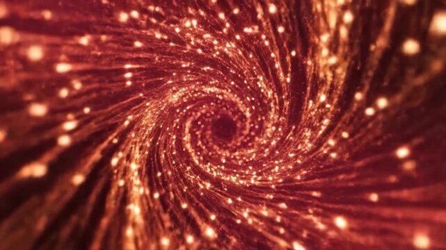 Swirling vortex of glowing particles with radiant red background
