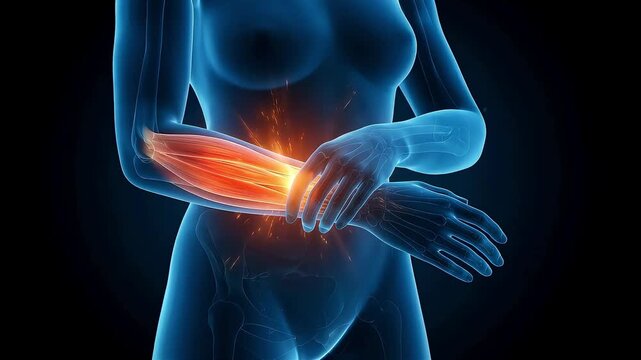 3D medical animation visualizing muscle pain and inflammation in a woman's forearm, showing tendonitis and muscle fatigue