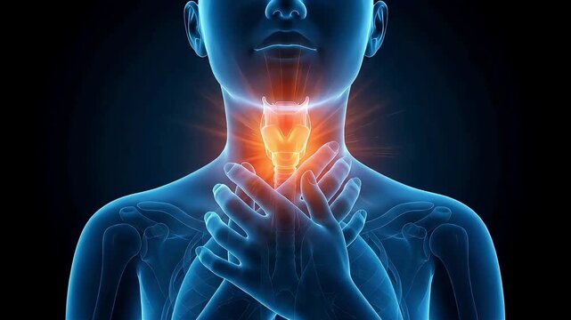 3D medical animation visualizing severe throat pain and inflammation