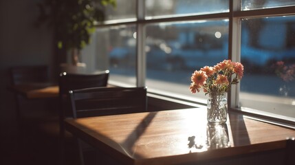 Flowers in jar on table near window