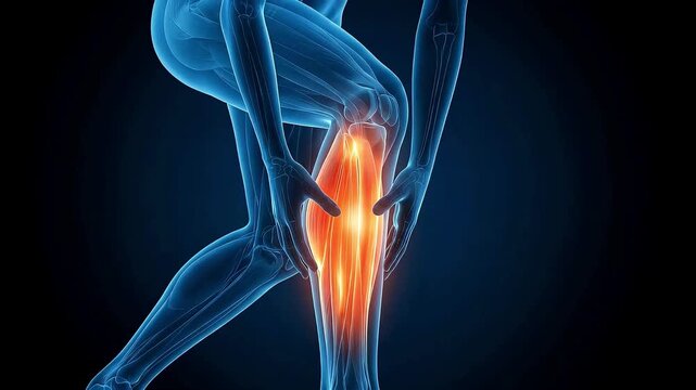 3D medical animation visualizing calf muscle pain and inflammation
