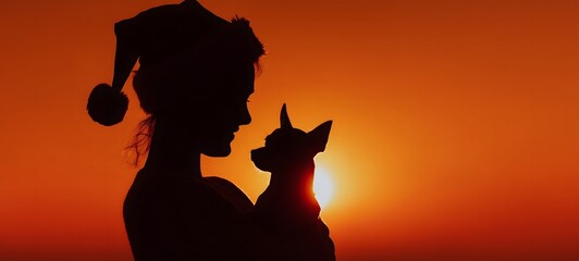 Silhouette of Woman in Santa Hat Holding Chihuahua at Sunset