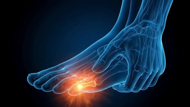 3D medical animation visualizing pain and inflammation in the little toe. Images of hallux valgus and gout.