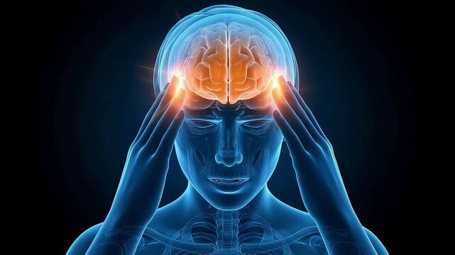 Female anatomical model holding her temples, showing brain discomfort caused by migraine or stress