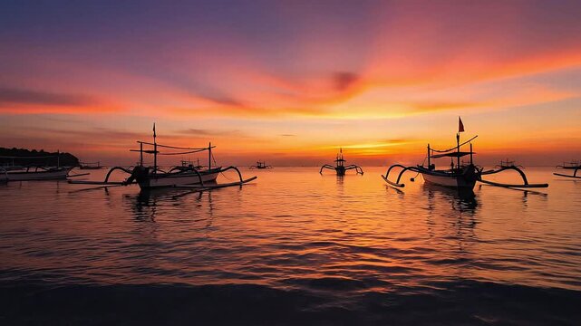 A cinematic wide shot of Jimbaran Beach at golden hour. Fishing boats with outriggers are silhouetted against a vibrant sky of orange, pink, and purple